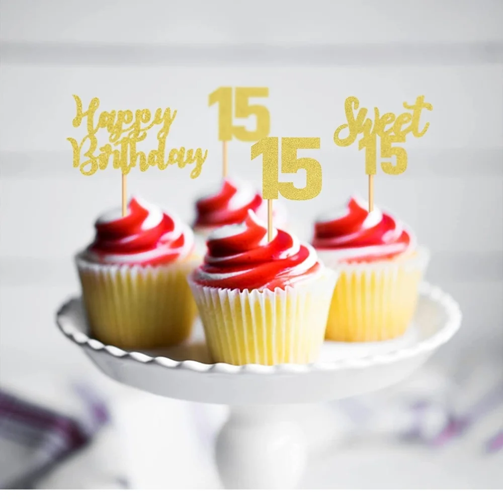 36 Pack Gold 15th Birthday Cupcake Toppers/Decorations
